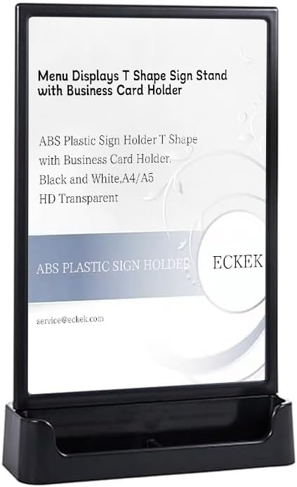 ABS Plastic Sign Holder, Menu Displays T Shape Sign Stand with Business Card Holder, Plastic Display Stand for Ads, Menu, Photos, Business Card (Black A5 148×210mm/5.83×8.27 inches)