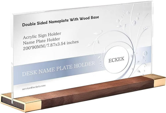 Desk Name Plate Holder, Acrylic Sign Holder for Table Display, Wood Base Double Sided Nameplate 200*90MM/7.87x3.54 inches