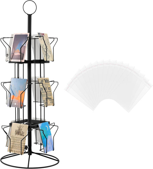 Nuanchu 12 Pockets Greeting Card Display Stand Countertop Rotating Greeting Card Rack with 200 Clear Resealable Bags 3 Tier Metal Display Stand Spinning Holder for Stickers Showcase Postcard(Black)