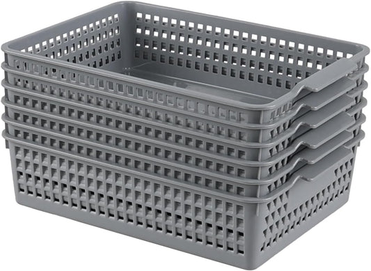 6 Packs Plastic Storage Baskets, Paper Organizer Baskets, Shallow Storage Basket Trays, Grey