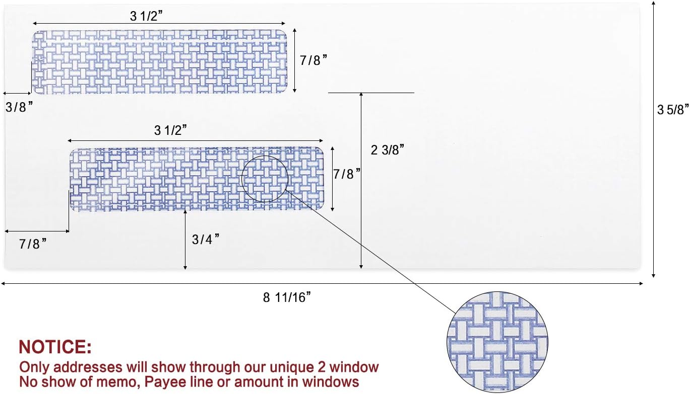 #8 Double Window Security Check Envelopes, No.8 Double Window Bussiness Envelopes Designed for QuickBooks Checks - Computer Printed Checks - 3 5/8 X 8 11/16 (NOT for INVOICES) - 24 LB - 500 PACK