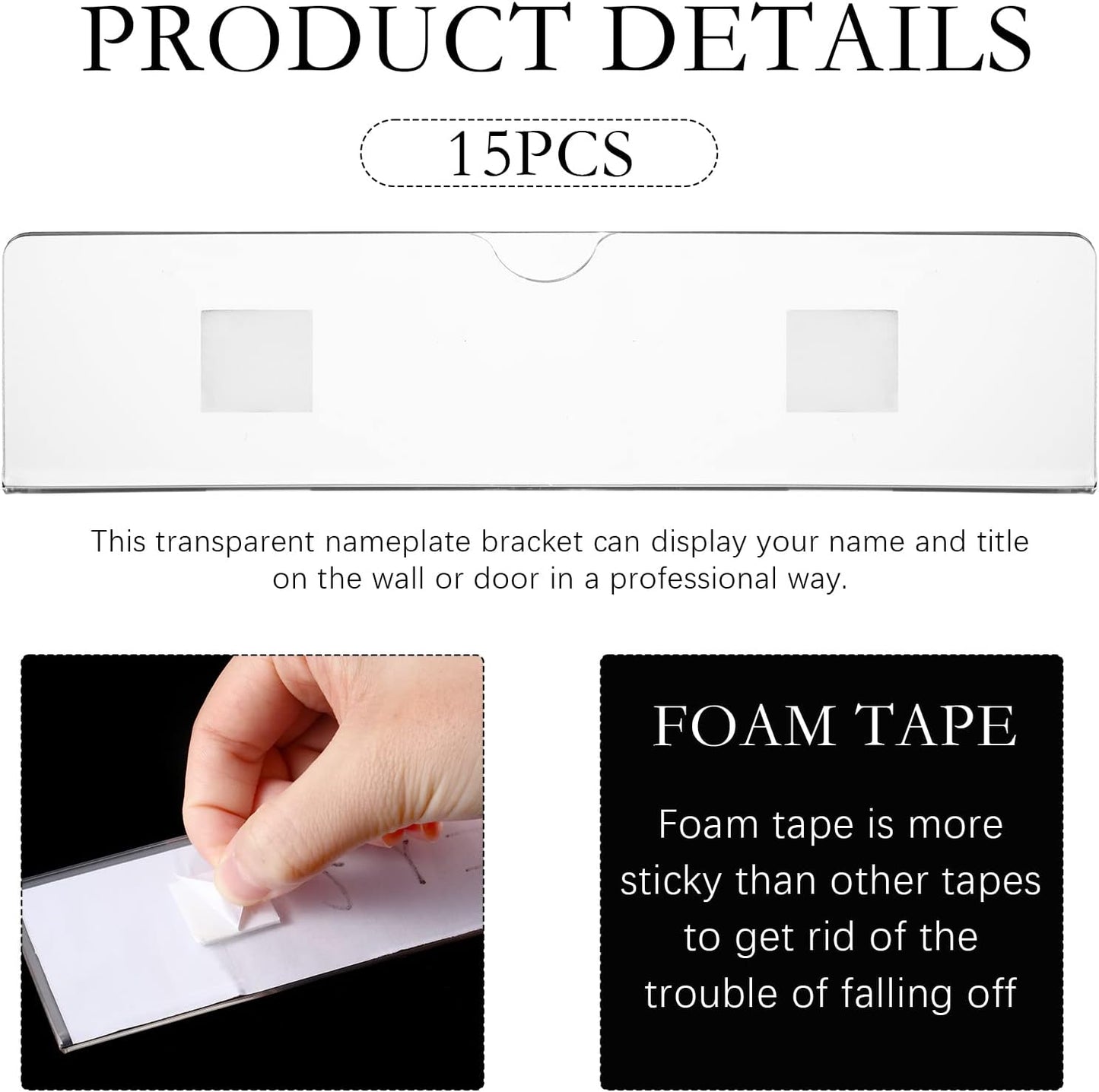 15 Pack Acrylic Wall Name Plate Holder with Adhesive Tapes 2 x 8 Inch Clear Holder Frame Acrylic Sign Name Plates for Cubicles Door Office Home Classroom Display