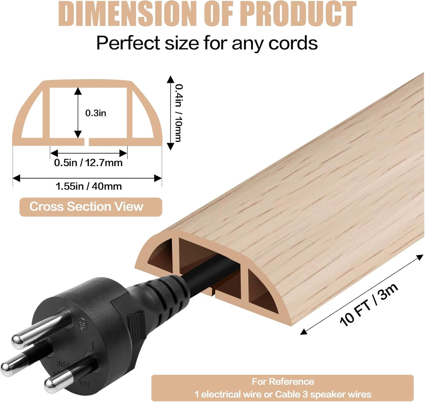 Floor Cord Cover Self Adhesive Cord Hider,10FT Cable Management, Extension Strip Protector for Wires, Prevent Cable Trips for Offices, Gyms, Exhibitions Cavity:0.51"(W) x 0.3"(H) Yellow Wood