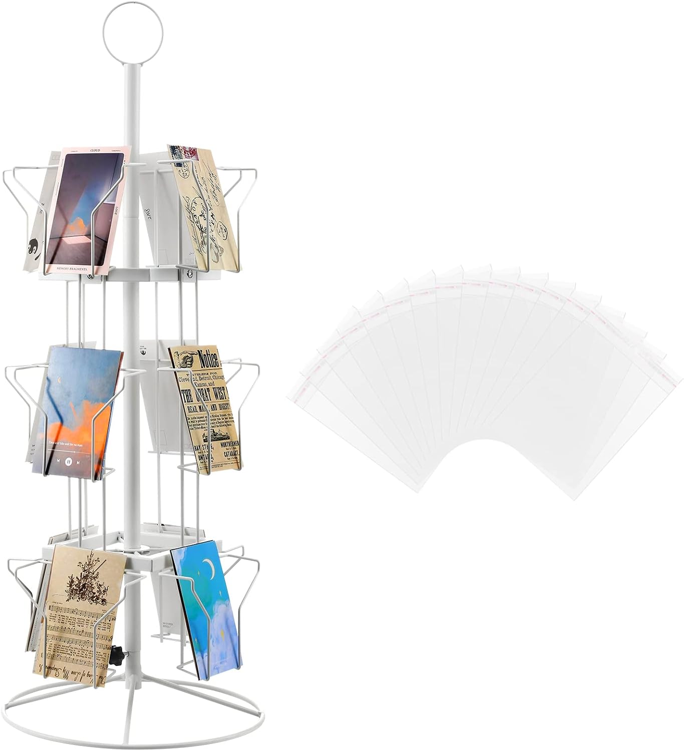 Nuanchu 12 Pockets Greeting Card Display Stand Countertop Rotating Greeting Card Rack with 200 Clear Resealable Bags 3 Tier Metal Display Stand Spinning Holder for Stickers Showcase Postcard(White)