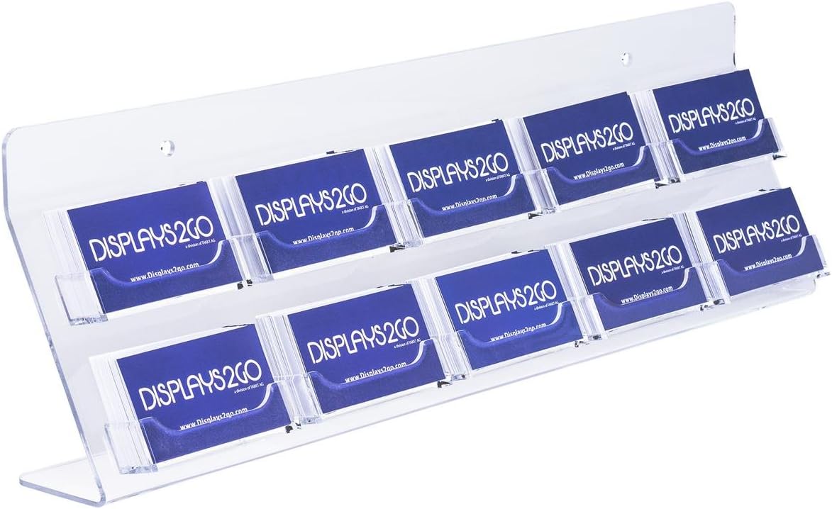 Displays2go BC10CL Tabletop or Countertop Business Card Rack, Slant Back Design with 10 Pockets, Clear