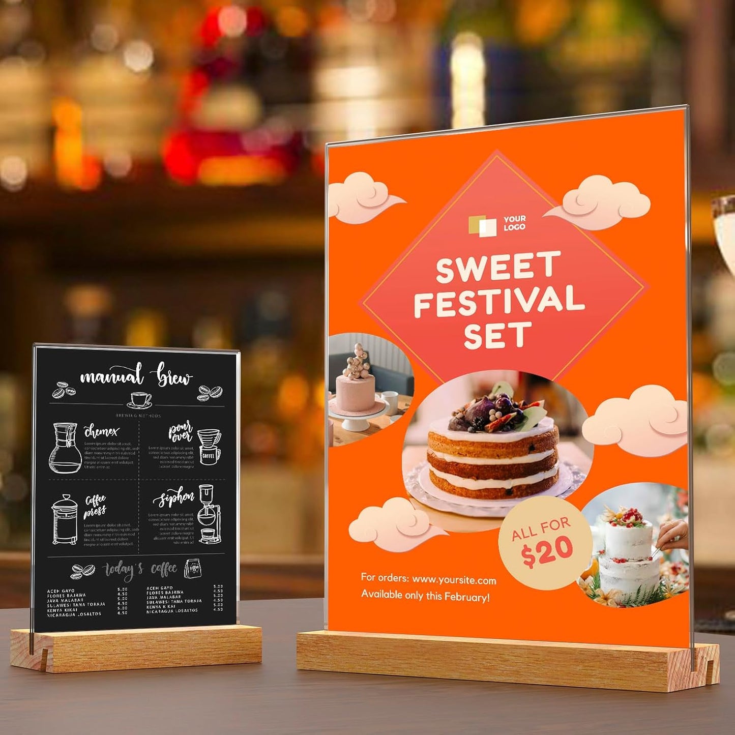 Acrylic Sign Holder with Wooden Base, Desktop Display Stand (4x6 3Pack)