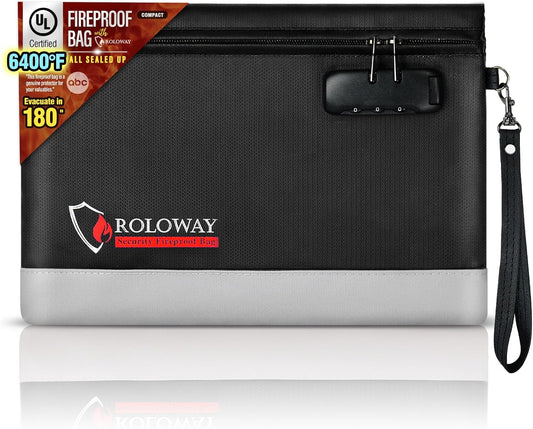 ROLOWAY Fireproof Money Bag with Lock for Cash, 6400°F Fire Proof Document Bag (12.2 x 8.5 x 1.6 inches), Money Pouch with Zipper (Black)