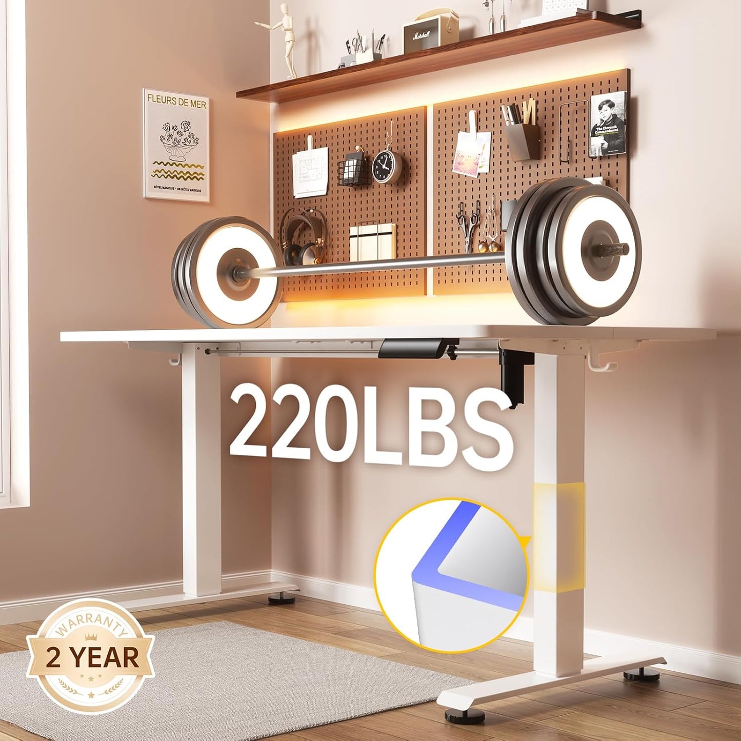 Veken 47.2 Inch Large Electric Standing Desk, 4 Memory Heights Adjustable,Sit to Stand Up, Work Home Office Computer Table for Study, Walking Pad, Writing, and Games, Wooden Desktop Desks, White