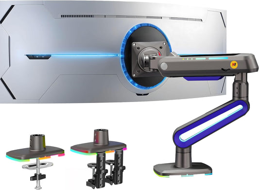 Designer Gaming Monitor Arm for 32 to 60 Inches Screen, Load up to 20 kg, VESA 75/100, RGB-Light, Heavy Duty, Multi Angle Adjustable, Premium Aluminum, Long Arm Extension Purple Blue