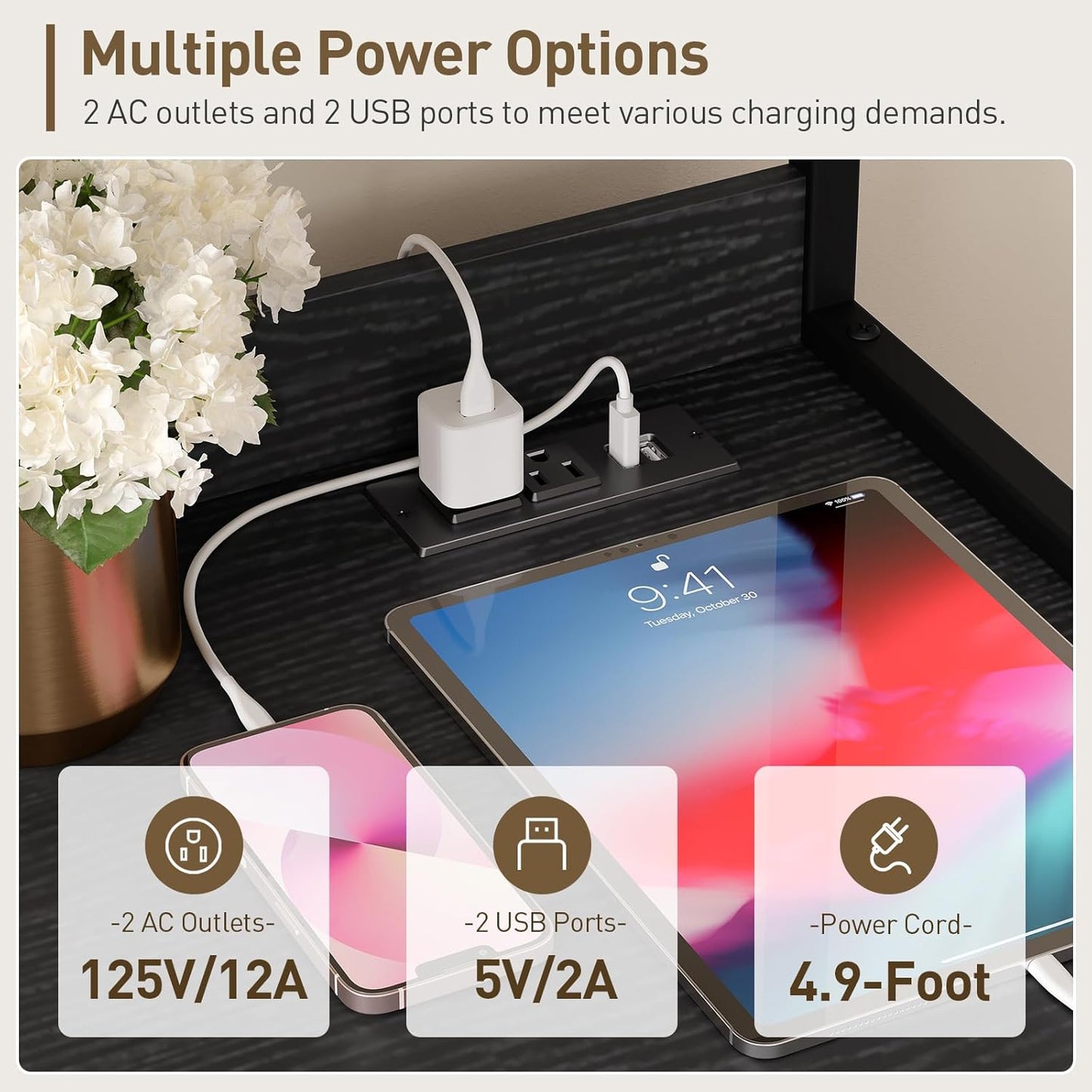 File Cabinet with Charging Station, Vertical Filing Cabinet with Shelves, Black File Cabinet for Home Office, Printer Stand with Open Storage Shelves & Barn Doors, Fits A4/Letter Files