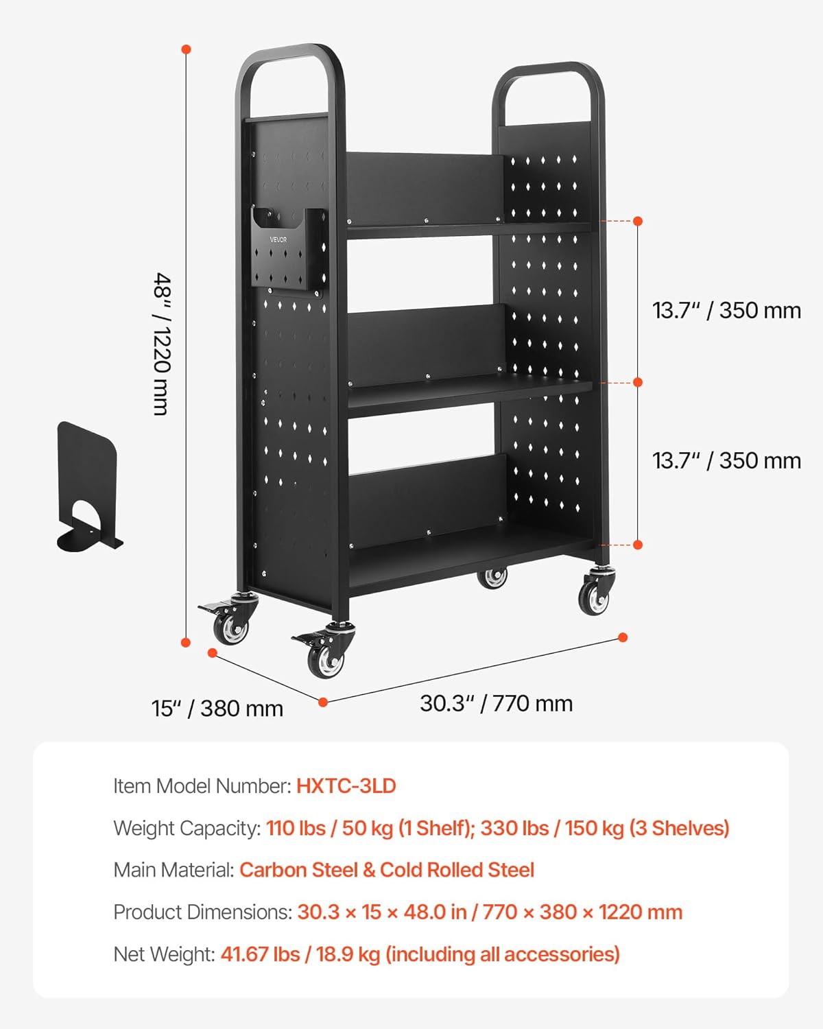 VEVOR Rolling Library Book Cart, 330 lbs Capacity, 30.3 x 15 x 48.0-Inch Library Cart, Single Sided L-Shaped Shelves with 3-Inch Lockable Wheels, Book Truck for Home Shelves Office and School, Black