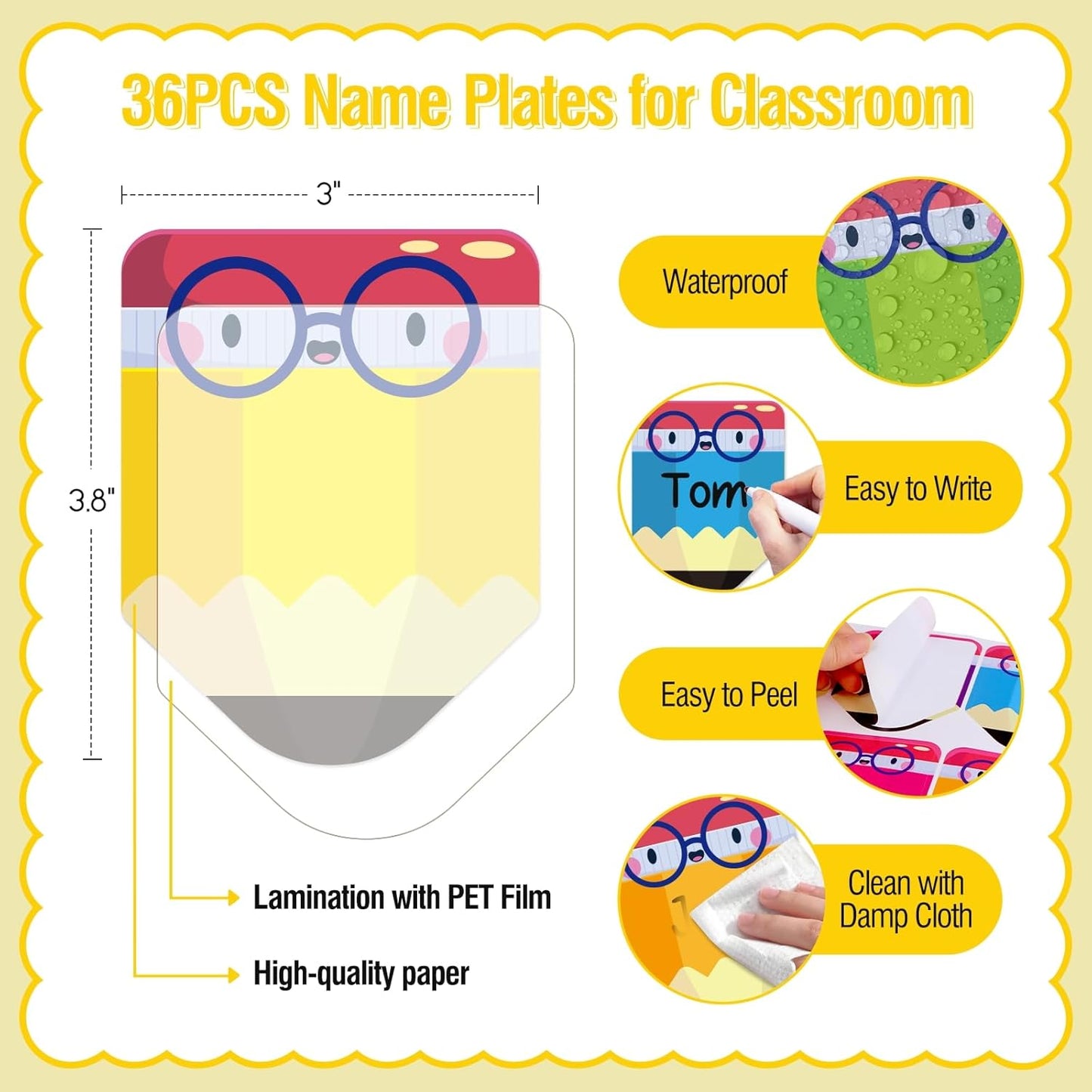 FaCraft 36PCS Name Plates for Classroom - Colorful Pencil Desk Name Tags with PET Film Waterproof Nameplates for Students Classroom Organization Decor Teacher Must Haves Back to School Supplies