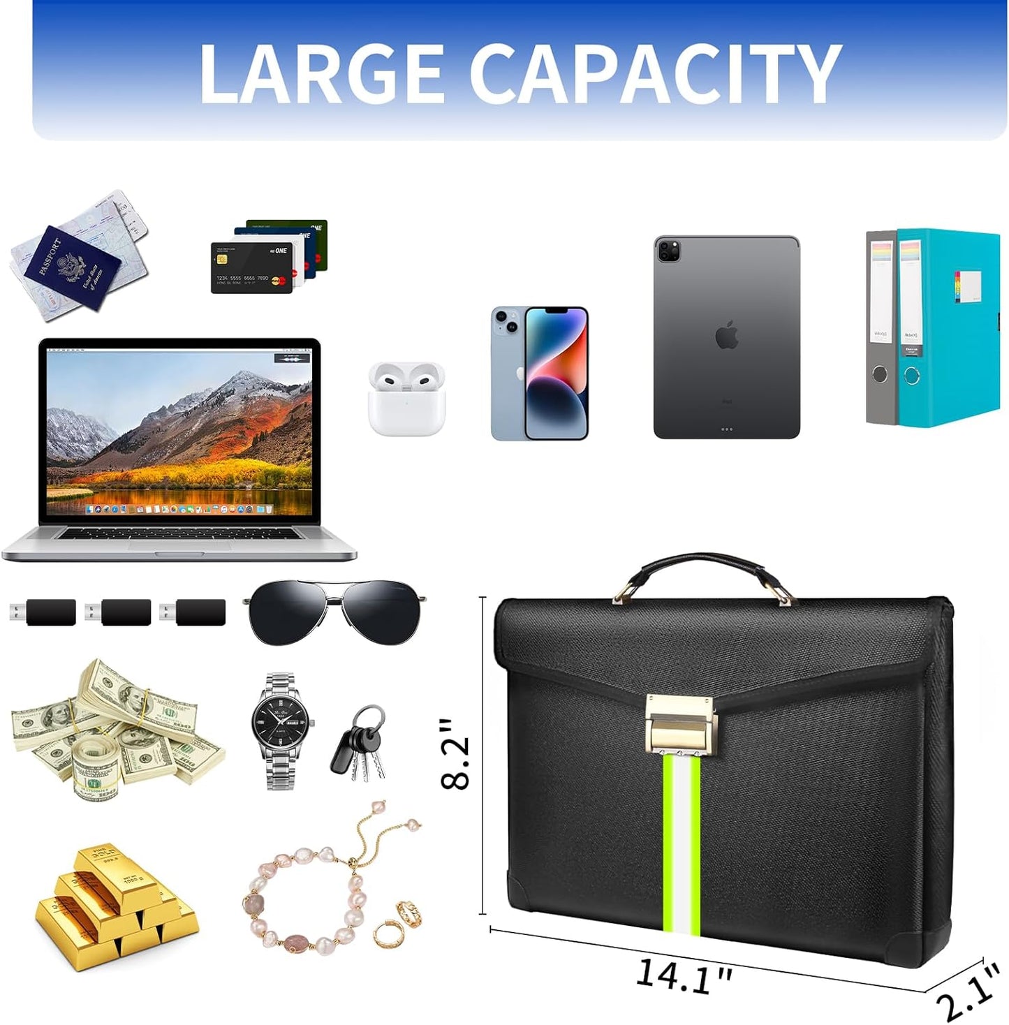 6500°F Large Capacity Upgraded Fireproof Money Bag with Lock,10 Layers of Heat Insulated Materials with Waterproof Zipper/Reflective Strip with Handle for Cash/Important Documents