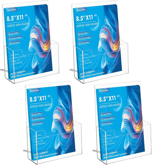 Acrylic Brochure Holder Wall Mount 8.5x11 – Clear Trifold Rack, Detachable Magnetic Rod, Easy-Carry Design for Wall or Desktop Display in Office, Retail, Trade Shows (4 Pack)