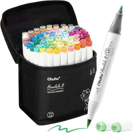 Ohuhu Alcohol Markers Brush Tip - Double Tipped Art Marker Set for Artist Adults Coloring Illustration- 72 Colors- Alcohol-based Refillable Ink - Fine & Brush Dual Tips - Honolulu B of Ohuhu Markers