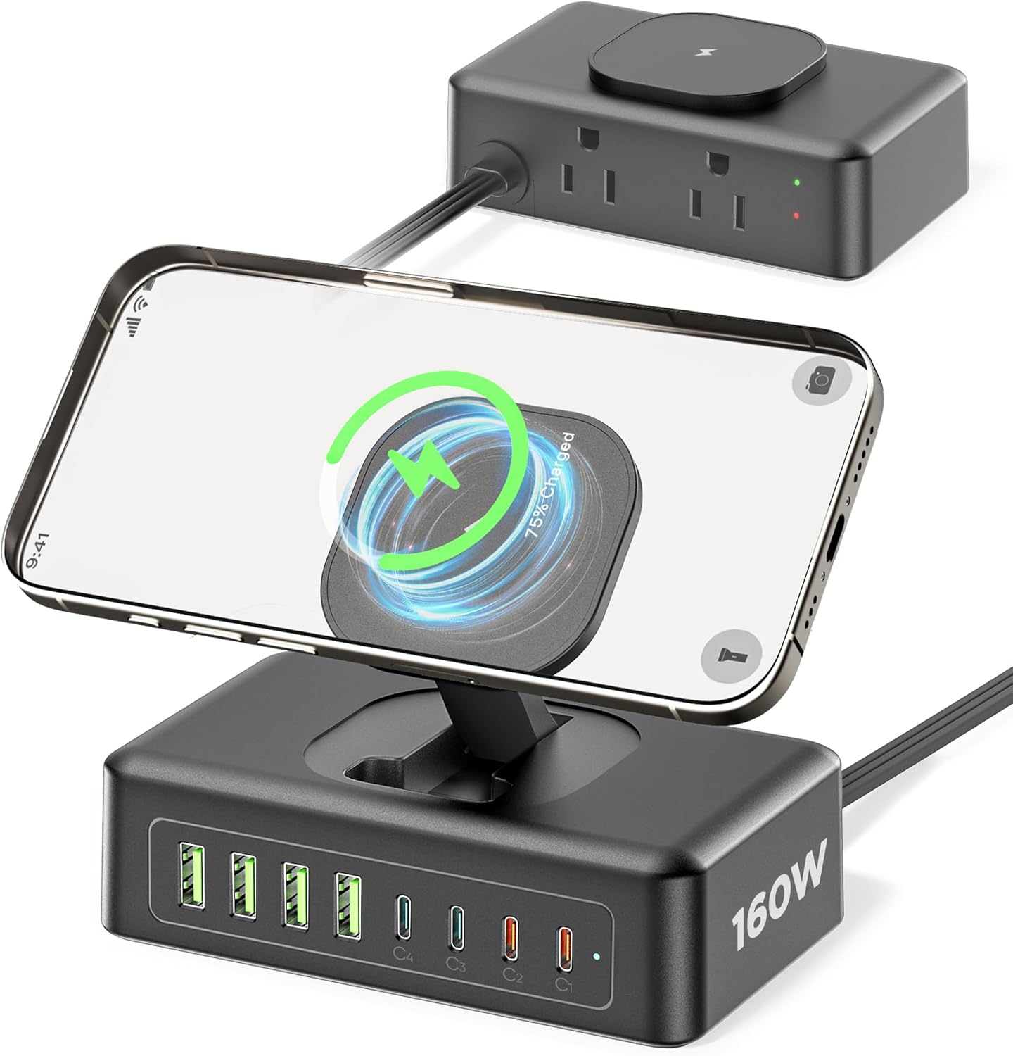 160W USB Charging Station Power Strip, 11-in-1 USB C Charger Block, 2AC Outlets with 8USB Ports(4USB-C), 5FT Flat Plug Extension Cord, Fast Charging Desktop Charger for Home Office Dorm Room, Black