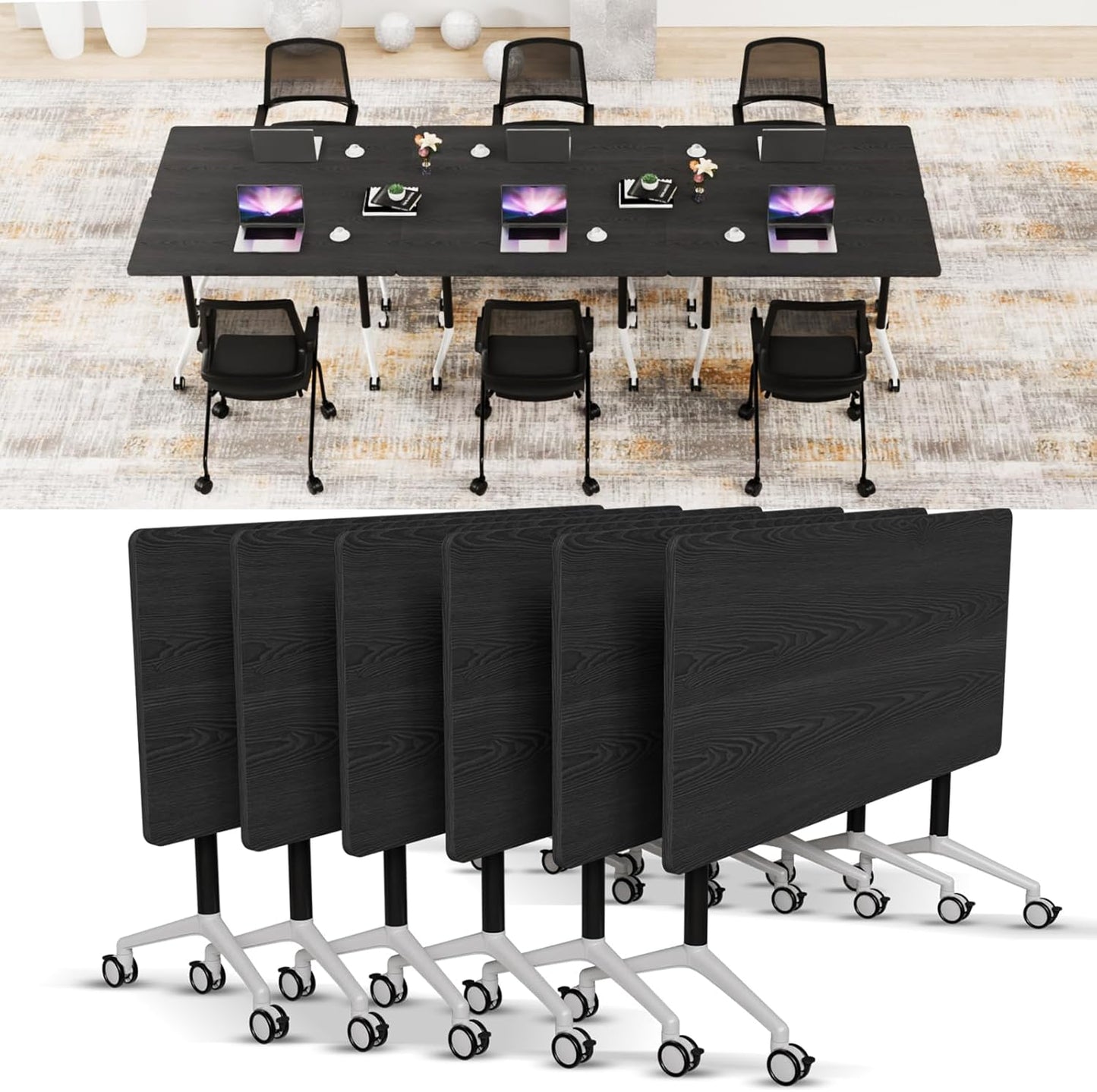 Conference Room Table with Flip-Top Design for Dynamic Meetings, Business Table Computer Desk with Heavy-Duty Frame,Foldable Seminar Meeting Tables for Home Office (6, F, 70.8IN)