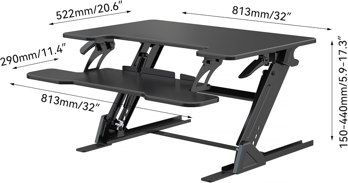 Standing Desk Converter 32 x 24 Inches - Height Adjustable Sit to Stand Riser with Keyboard Tray, Ergonomic Workstation for Home Office, Black