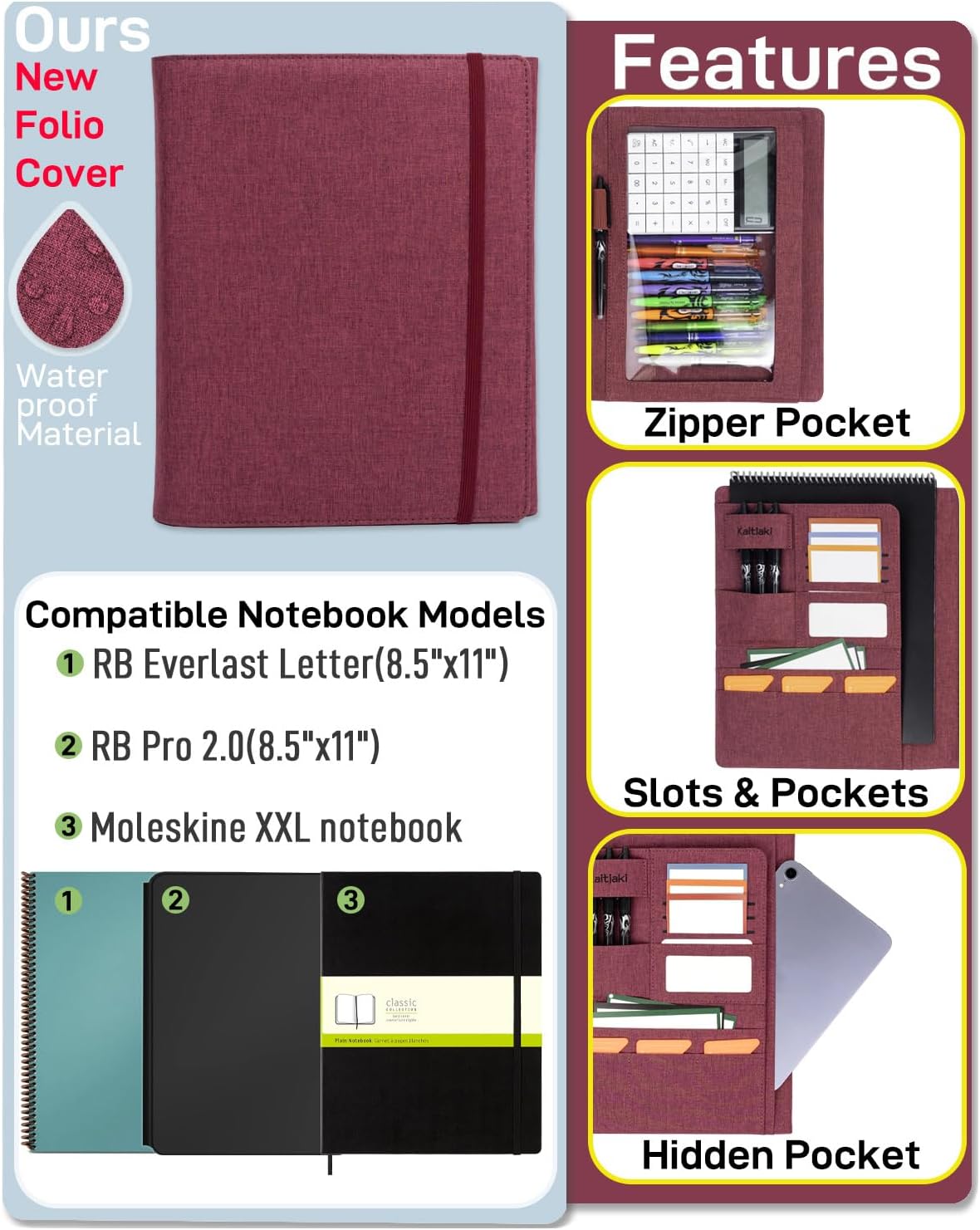 Sturdy Planner Cover for Rocketbook Smart Notebook - Water-Resistant Fabric Padfolio, Business Padfolio with Zipper Pen Pocket, Fits 8.5 x 11 Letter Size, Rocketbook Accessories (Fuchsia)