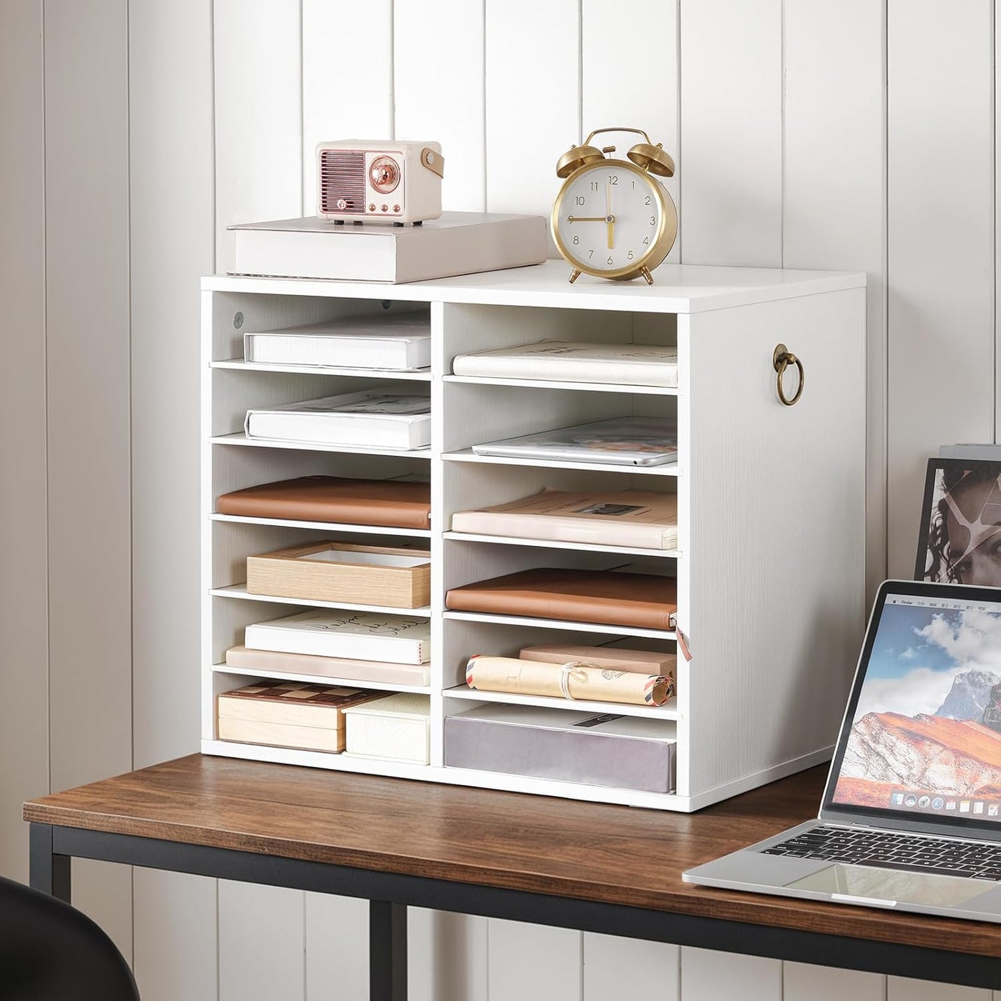 HOOBRO Literature Organizers, 12 Compartments Office Mailbox with Adjustable Shelves, Wood Countertop Literature Sorter for Office, Home, Classroom, Mailrooms Organization White WT12WF01