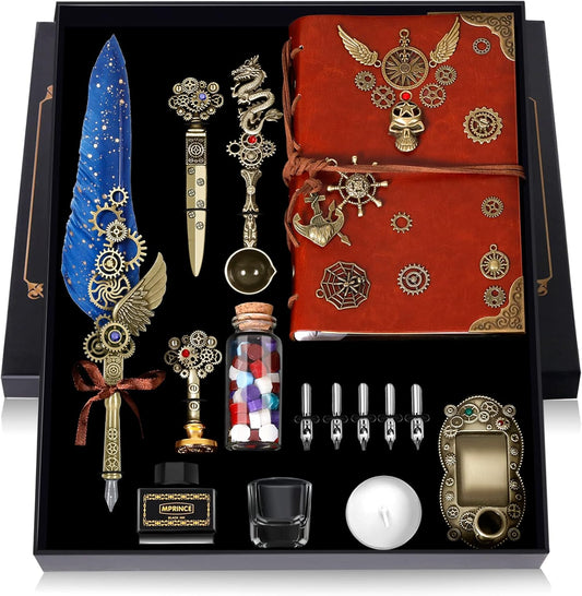 Aifeiter Quill Pen Ink Set Leather notebook With Quill Pen,Notebook,5 Replaceable Nibs,Seal Stamp,Spoon,Wax Beads,White Wax,Ink,Pen Holder,Cup,Envelope,Letter Paper,Envelope Tool(blue)