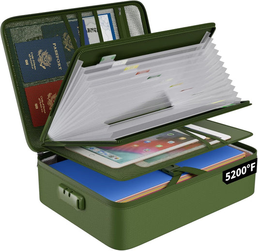 ENGPOW 5200℉ Fireproof File Organizer Bag with 13 Pocket Accordion File Folder,Document Organizer Box with Lock&Labels,Multi-Layer Portable Home Travel Safe Storage for Important Documents,Green