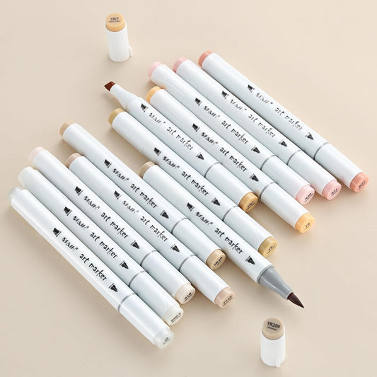 SFAIH Light Skin Tone Marker Pens 11 Colors + Mixed Color 0 - Dual Brush & Chisel Tips Art Marker Set for Portraits Coloring Drawing