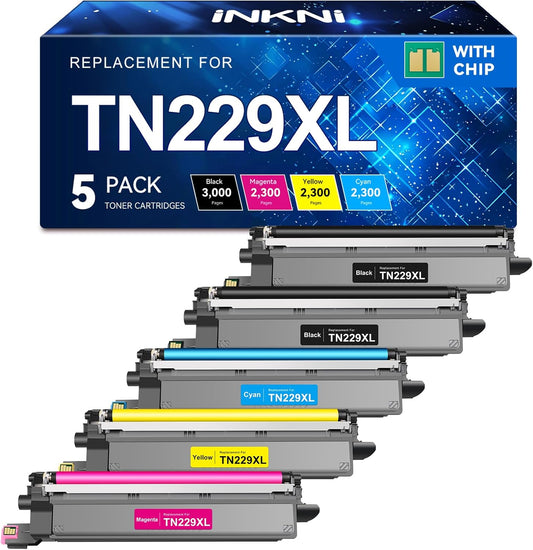 InkNI Compatible Toner Cartridges Replacement for Brother TN229XL TN229 XL TN-229XL Toner Cartridges for MFC-L3780CDW MFC-L3720CDW HL-L3280CDW HL-L3220CDW HL-L3300CDW Printer (TN-229XLBK/C/M/Y-5 Pack)