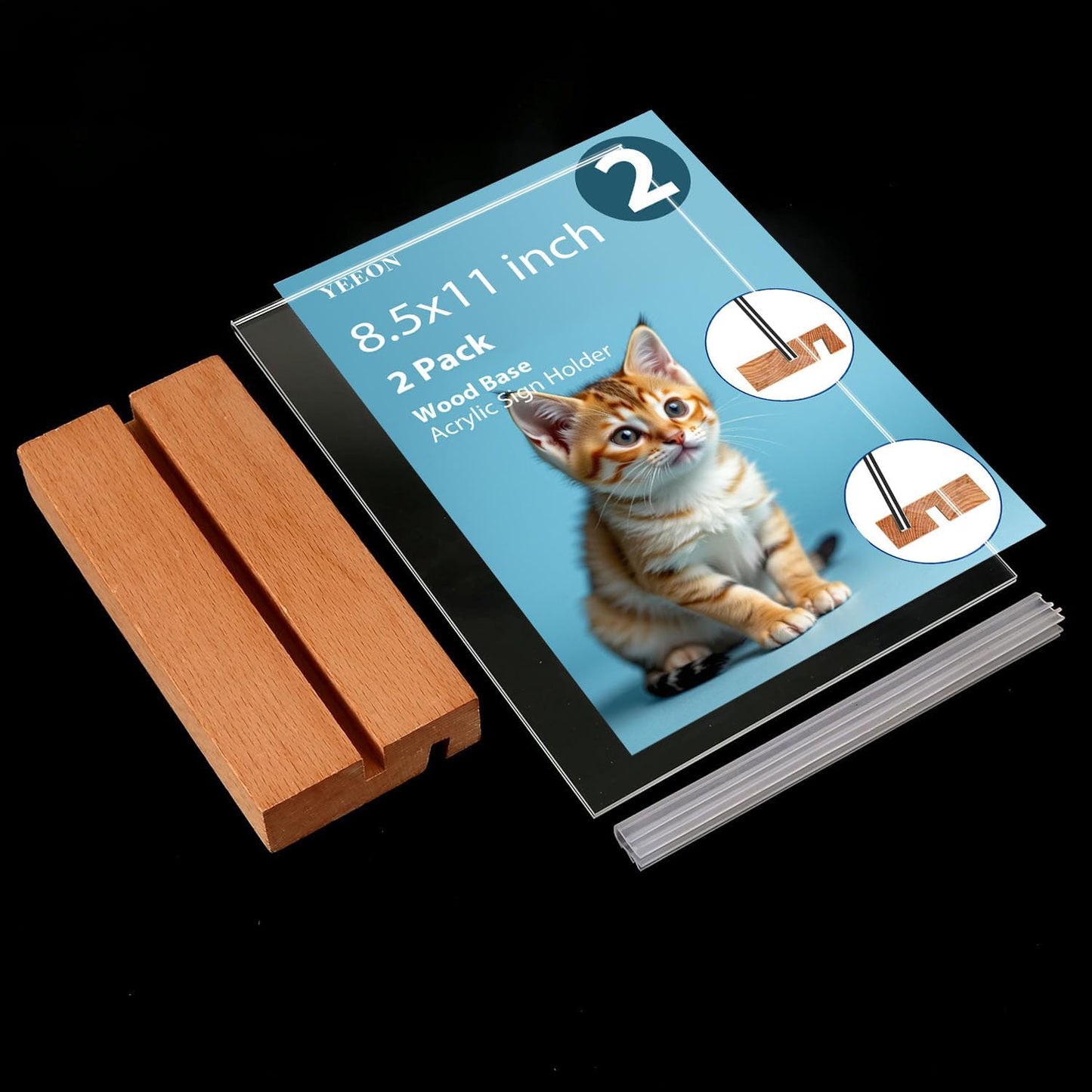 Acrylic Sign Holder with Wooden Base, Desktop Display Stand (8.5x11 2Pack)