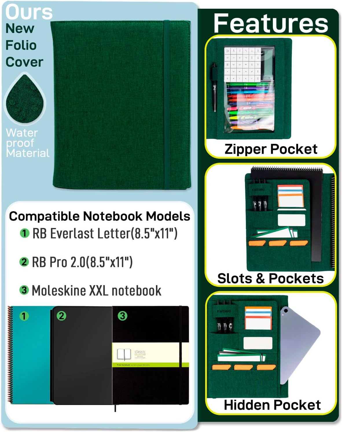 Sturdy Planner Cover for Rocketbook Smart Notebook - Water-Resistant Fabric Padfolio, Business Padfolio with Zipper Pen Pocket, Fits 8.5 x 11 Letter Size, Rocketbook Accessories (Green)