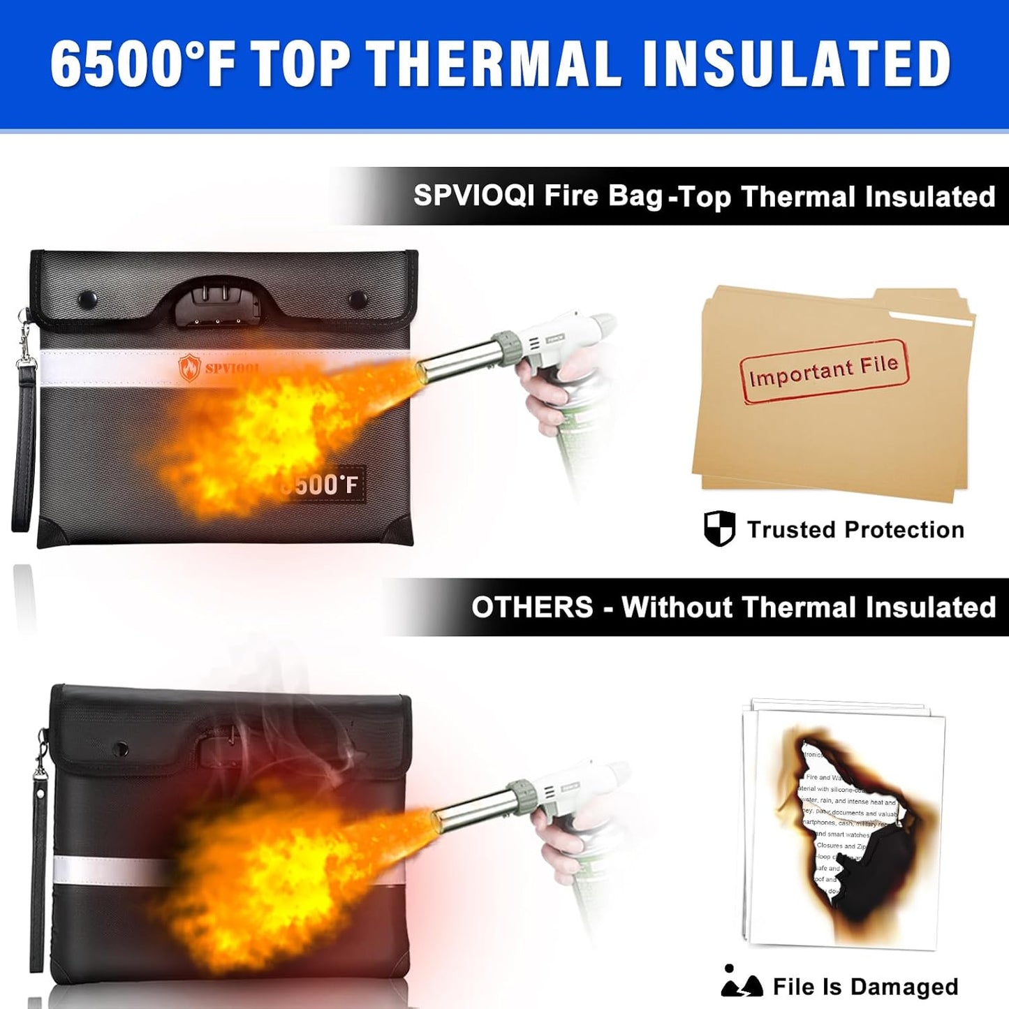 6500°F Upgraded Fireproof Document Bag with Lock, Fire proof Money Bag for Cash w. Zipper/Reflective Strip, 10 Layers of Heat Insulated Materials, Water Resistant Fireproof Bag for Documents, Fire Bag