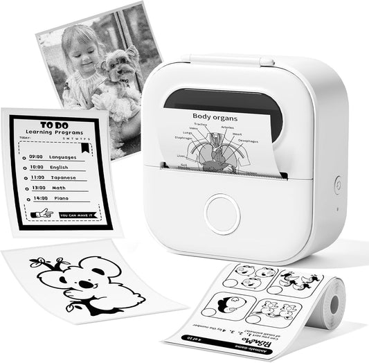 Print Pods Mini Printer, Sticker Maker Machine Y02C, Mini Portable Printer with 1 Roll Paper, Bluetooth Inkless Receipt for Phone, Thermal Portable Maker for Journal, Note, Photos, Learning