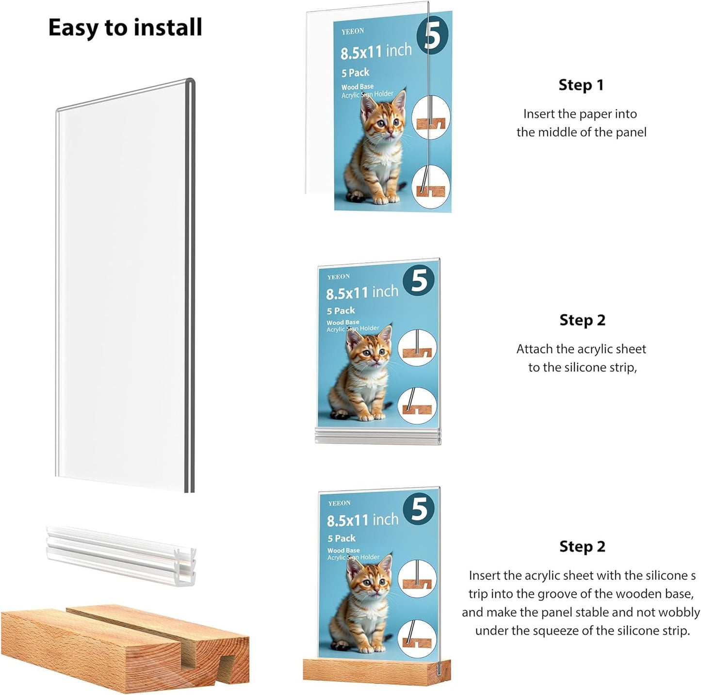 Acrylic Sign Holder with Wooden Base, Desktop Display Stand (8.5x11 5Pack)