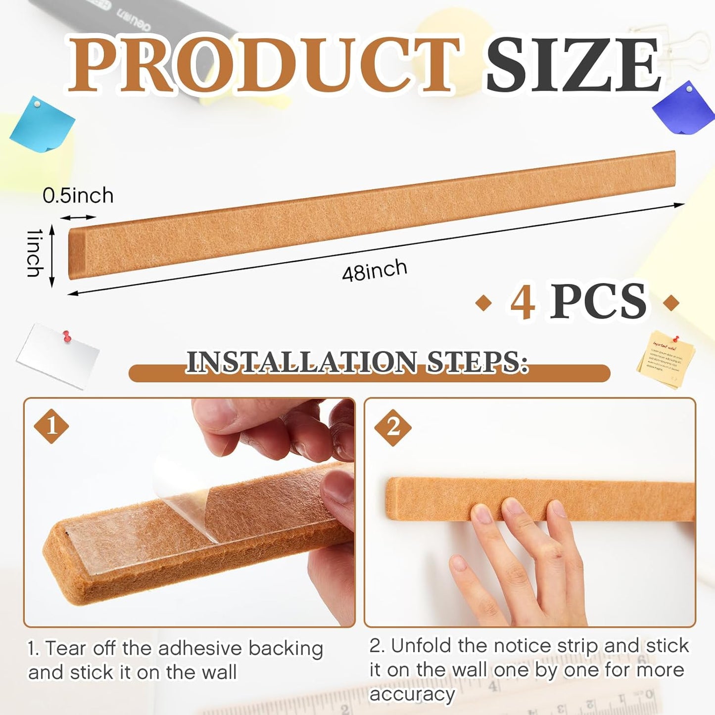 4 Pcs 48" x 1" Foldable Felt Cork Strips Bulletin Bar Strip for Wall,Notice Board Self Adhesive Cork Wall Decoration,Paste Note,Photo,Schedules,Office Home Decor
