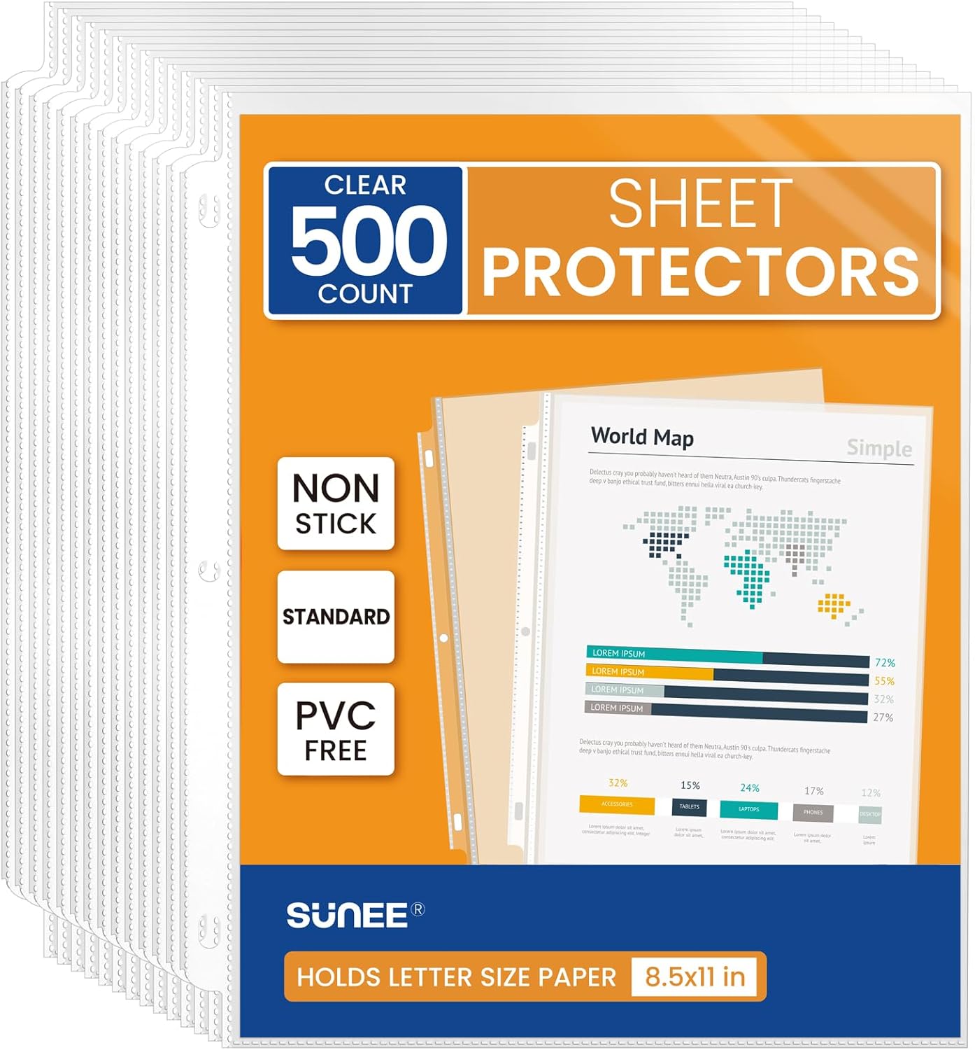 SUNEE Sheet Protectors 500 Packs for 3 Ring Binder, PVC-Free Clear Page Protectors 8.5x11 Inches Plastic Sleeves for Paper, Documents, Photos, Top Loading Binder Sleeves Letter Size