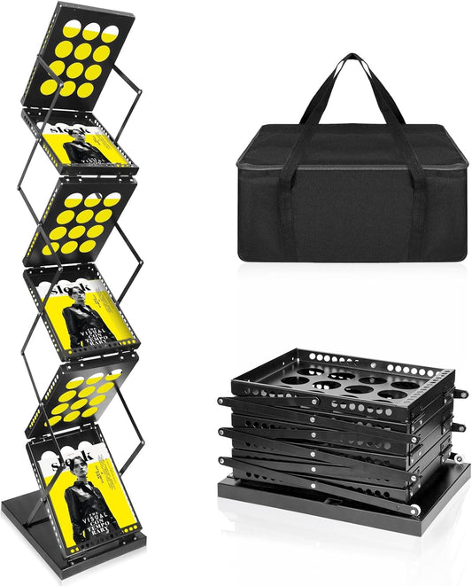 Folding Literature Rack, 6 Pockets Metal Brochure Holder Stand Floor Standing Magazine Rack，Double-sided Display Flyer Holder Stand Literature Stand for Trade Show Office Store Home