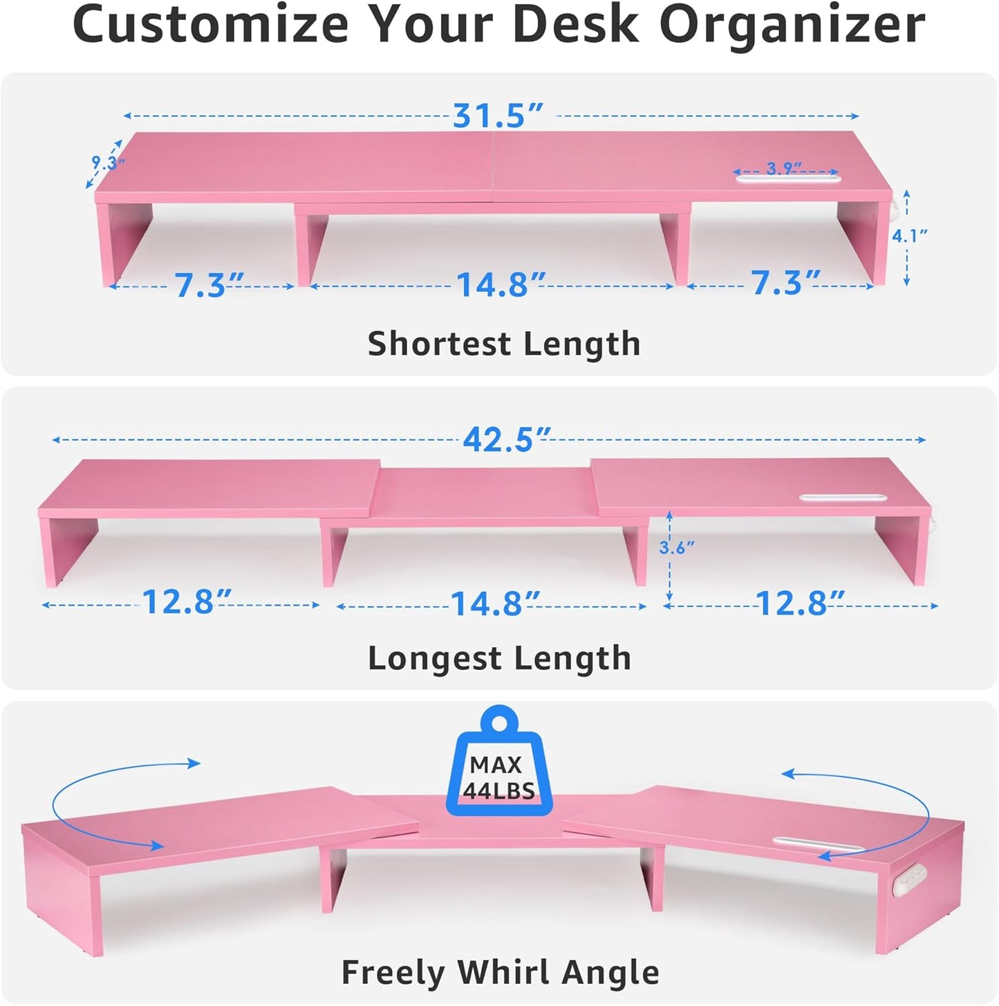 Dual Monitor Stand Riser for 2 Monitors, Monitor Stand for Desk, Adjustable Length & Swivel Angle Wooden Desktop Organizer Stand Riser with Smartphone Holder for PC Monitor Laptop, Pink