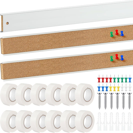3 Pcs 72'' x 2" Cork Board Strip for Wall - Bulletin Bar Tack Board With Aluminum Trim - Brown Cork Strips for Classroom, Office Walls, Cubicle