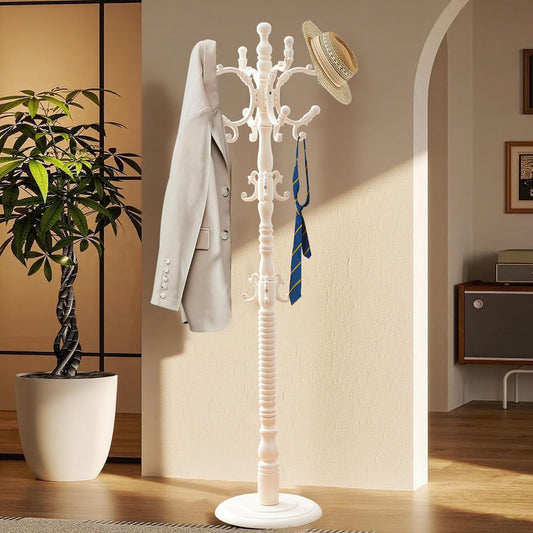 Solid Wood Coat Rack Stand with 18 Hooks, Vintage Coat Rack Freestanding with Heavy Duty Base, 3 Adjustable Height Coat Hanger Stand Hall Tree Fits Entryway Bedroom Office for Coat,Bag,Hat