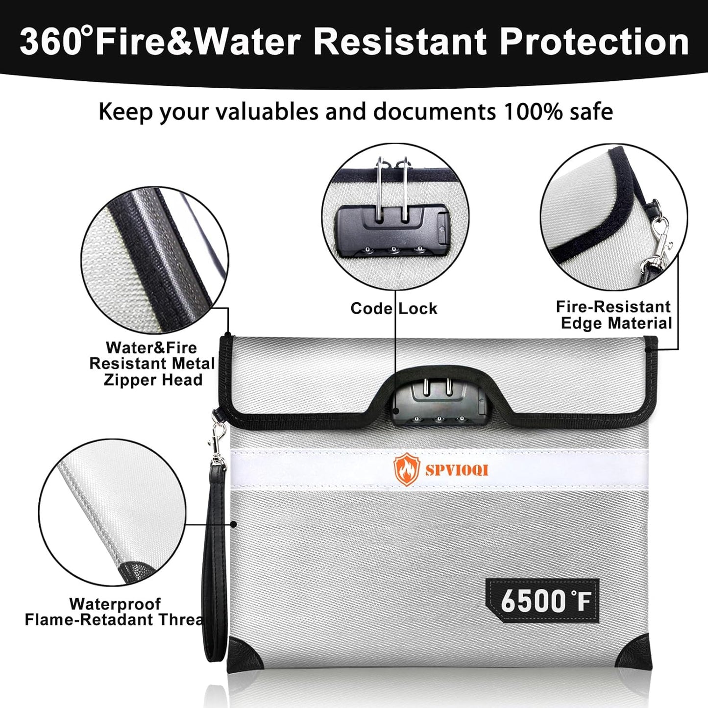 6500°F Fireproof Document Bag with Lock, Upgraded Fireproof Money Bag for Cash w. Zipper/Reflective Strip, 10Layers of Heat Insulated Materials, Water Resistant Fireproof Bag for Documents