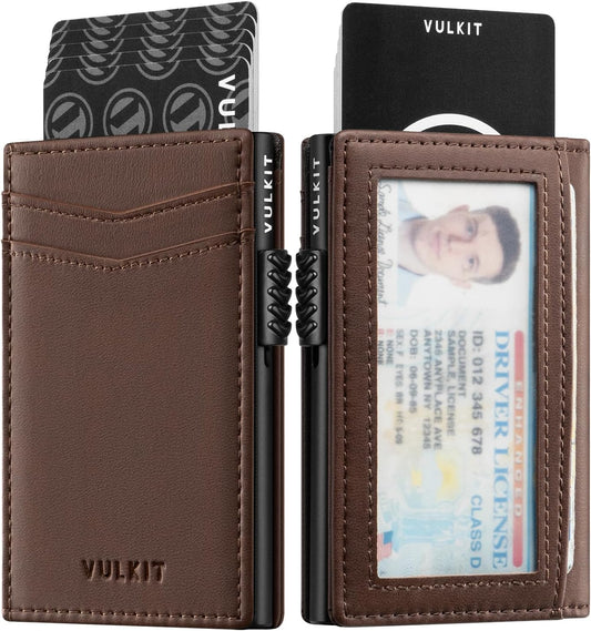VULKIT Men's Wallet with ID Window Premium Leather Wallets RFID Blocking Minimalist Wallet Pop Up Card Holder Magnetic Closure