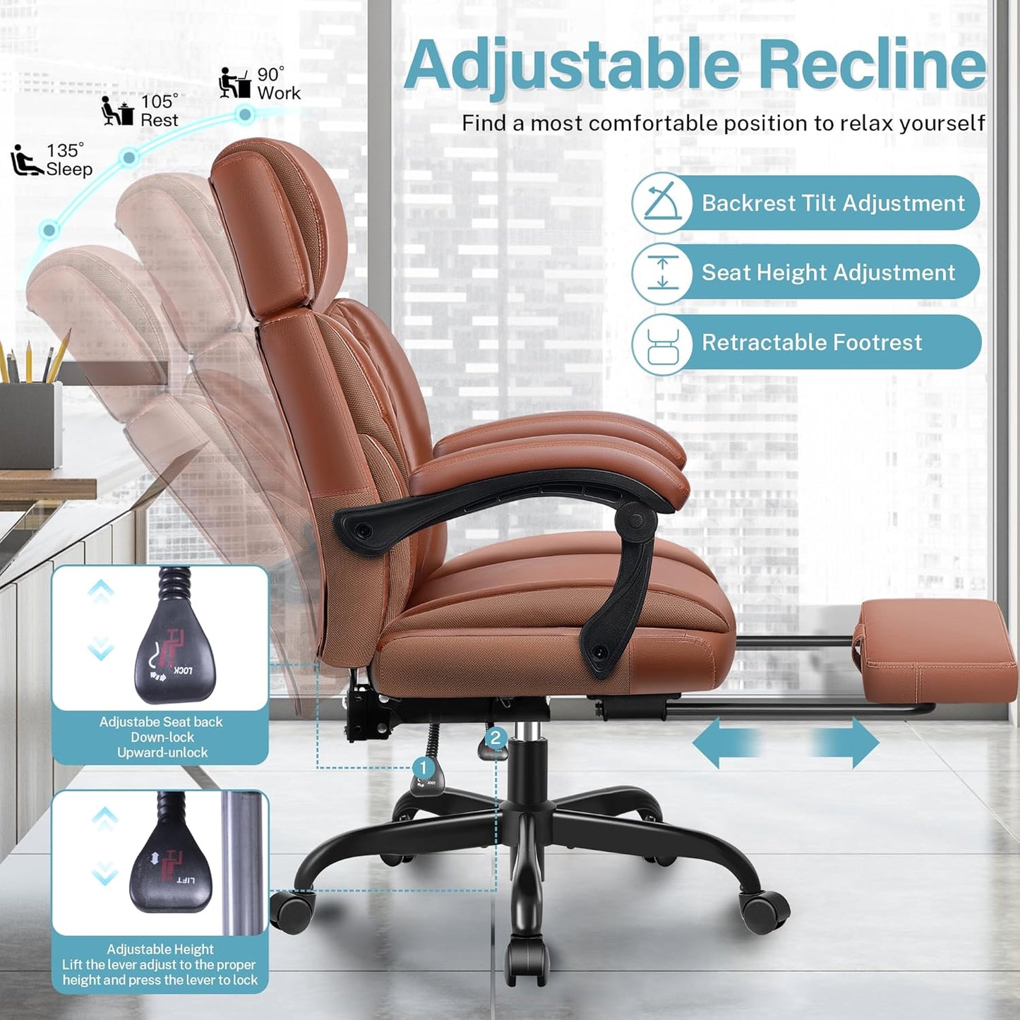 Executive Leather Office Chair, Big and Tall Office Chair with Footrest Home Office Desk Chairs, Ergonomic Computer Desk Chair with Lumbar Support, Reclining Office Chairs with Adjustable Angle