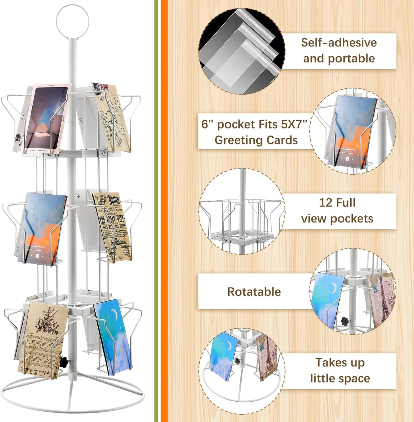 Nuanchu 12 Pockets Greeting Card Display Stand Countertop Rotating Greeting Card Rack with 200 Clear Resealable Bags 3 Tier Metal Display Stand Spinning Holder for Stickers Showcase Postcard(White)