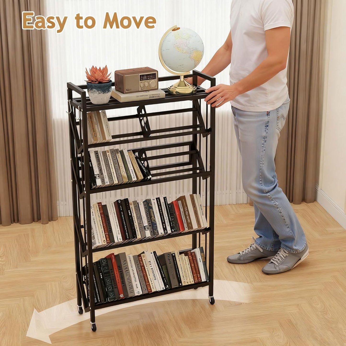 Book Carts with Wheels Library Rolling Book Cart 5 Tier Movable Bookshelf Mobile Large Capacity Organizer Rack for Teacher Classroom Office Room School (57.5'' H)