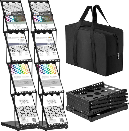 Tatuo 2 Pieces Foldable Magazine Rack Metal Catalog Literature Rack Portable 4 Pockets with Carrying Bag Brochure Stand Literature Display Holder Stand for Exhibition Trade Show
