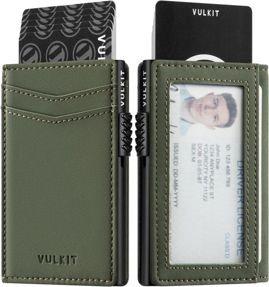 VULKIT Men's Wallet with ID Window Premium Leather Wallets RFID Blocking Minimalist Wallet Pop Up Card Holder Magnetic Closure