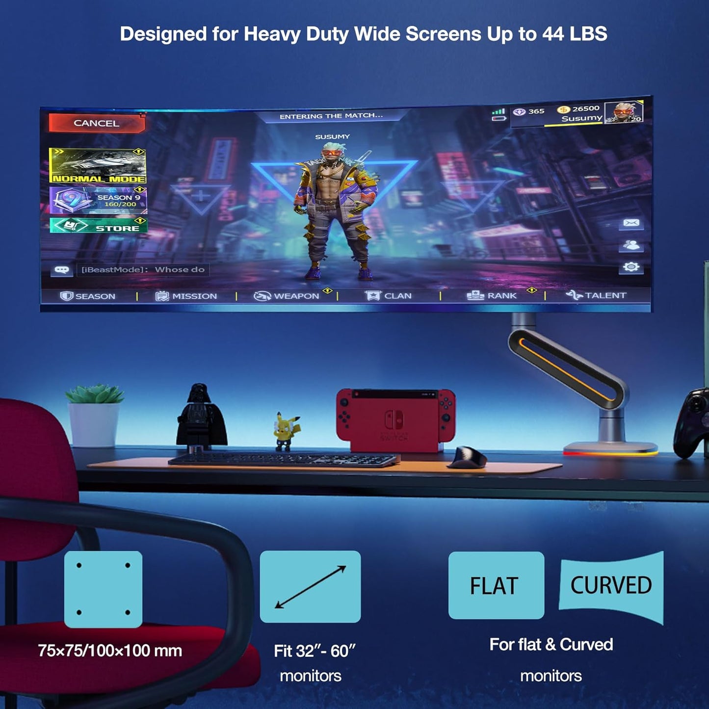 NB Designer Gaming Monitor Arm for 32 to 60 Inches Screen, Load up to 20 kg, VESA 75/100, RGB-Light, Heavy Duty, Multi Angle Adjustable, Premium Aluminum, Long Arm Extension Grey Black