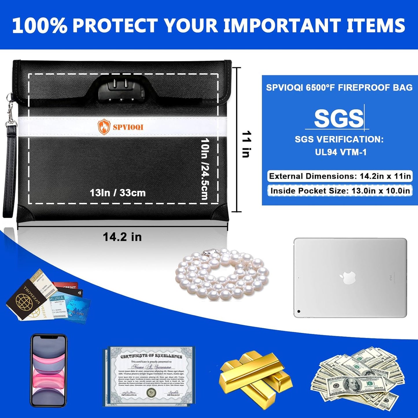 6500°F Upgraded Fireproof Document Bag with Lock, Fire proof Money Bag for Cash w. Zipper/Reflective Strip, 10 Layers of Heat Insulated Materials, Water Resistant Fireproof Bag for Documents, Fire Bag