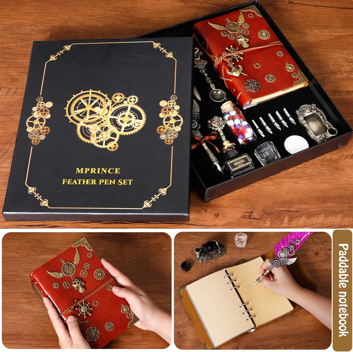 Quill and Ink Set With Quill and 5 Replaceable Nibs, Seal Stamp, Spoon, Wax Beads, White Wax, Pen Holder, Cup, Envelope, Letter Paper, Envelope Tool(purple)