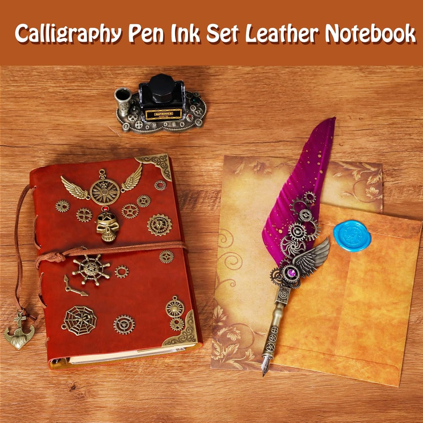Quill and Ink Set With Quill and 5 Replaceable Nibs, Seal Stamp, Spoon, Wax Beads, White Wax, Pen Holder, Cup, Envelope, Letter Paper, Envelope Tool(purple)